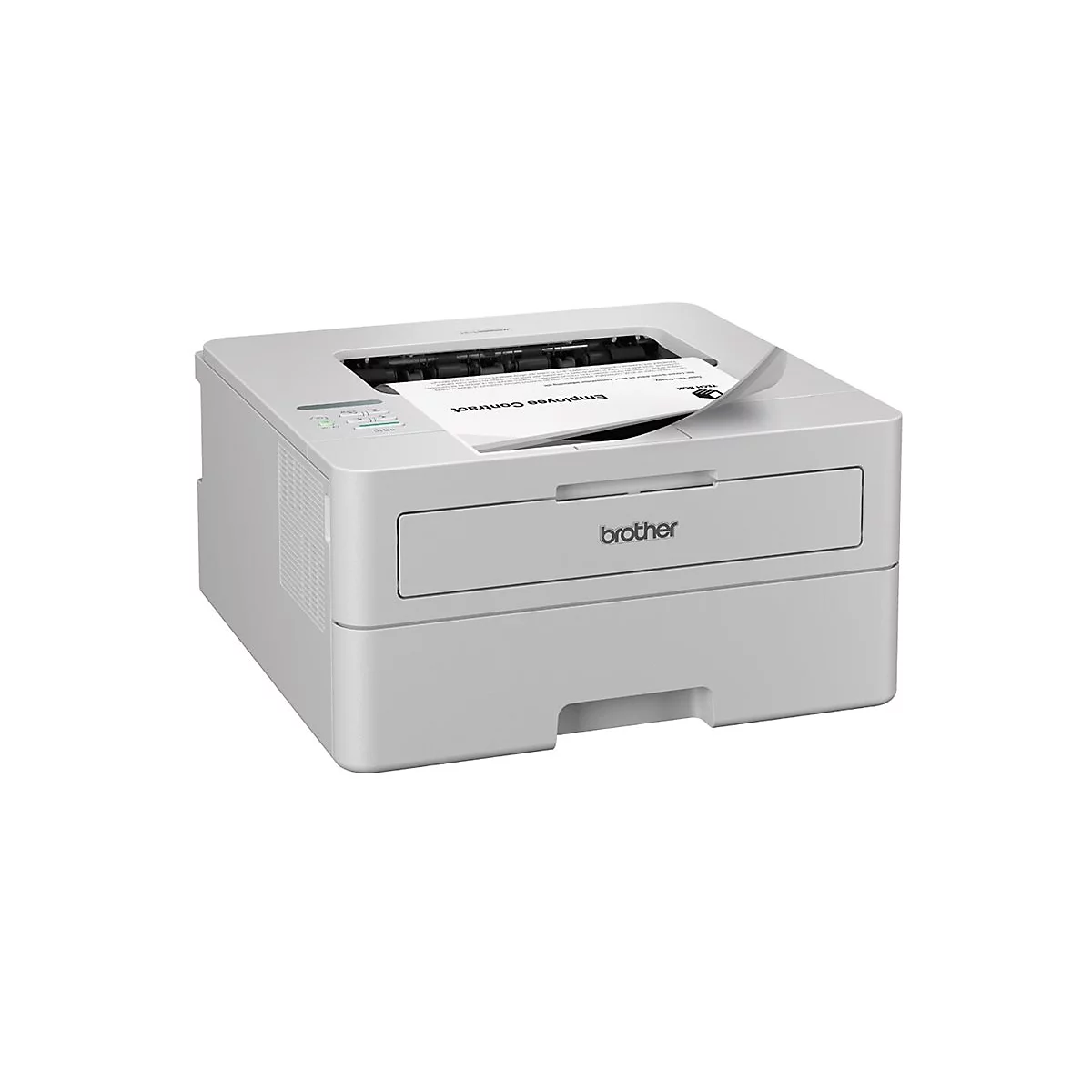 Kompakter weißer Brother Laserdrucker vor weißem Hintergrund mit einem ausgedruckten Blatt Papier oben.