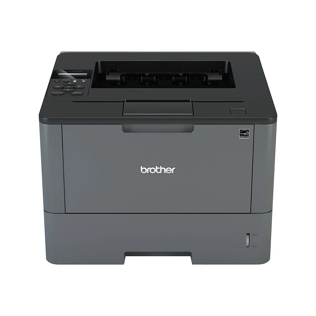 Grauer Brother-Laserdrucker auf weißem Hintergrund, mit Schriftzug 'brother'.