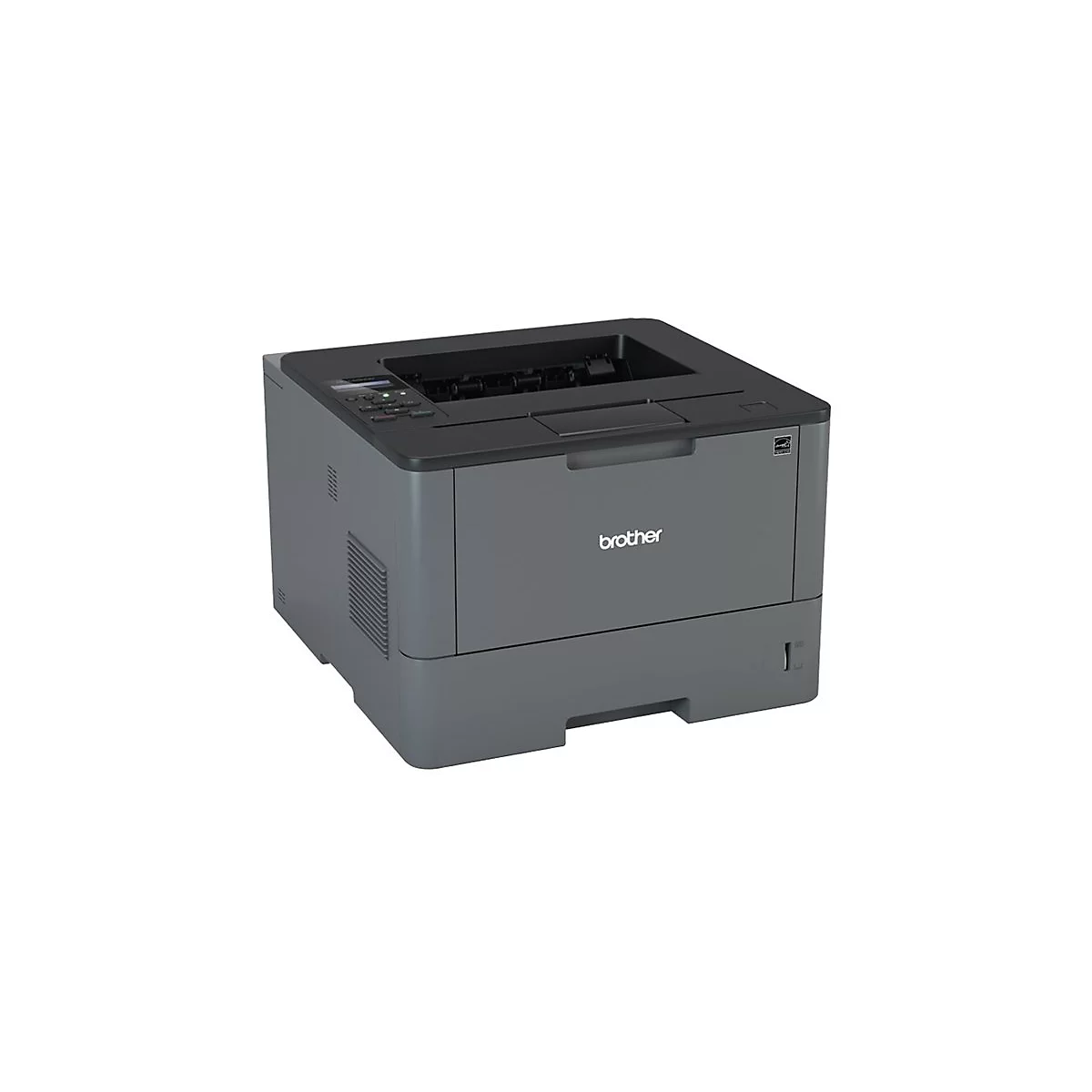 Dunkelgrauer Brother Laserdrucker mit schwarzem Deckel. Auf der Vorderseite steht der Markenname.