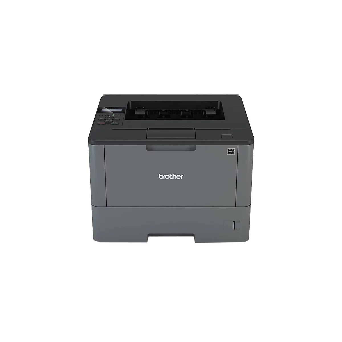 Grauer Brother-Laserdrucker auf weißem Hintergrund. Schriftzug "brother".