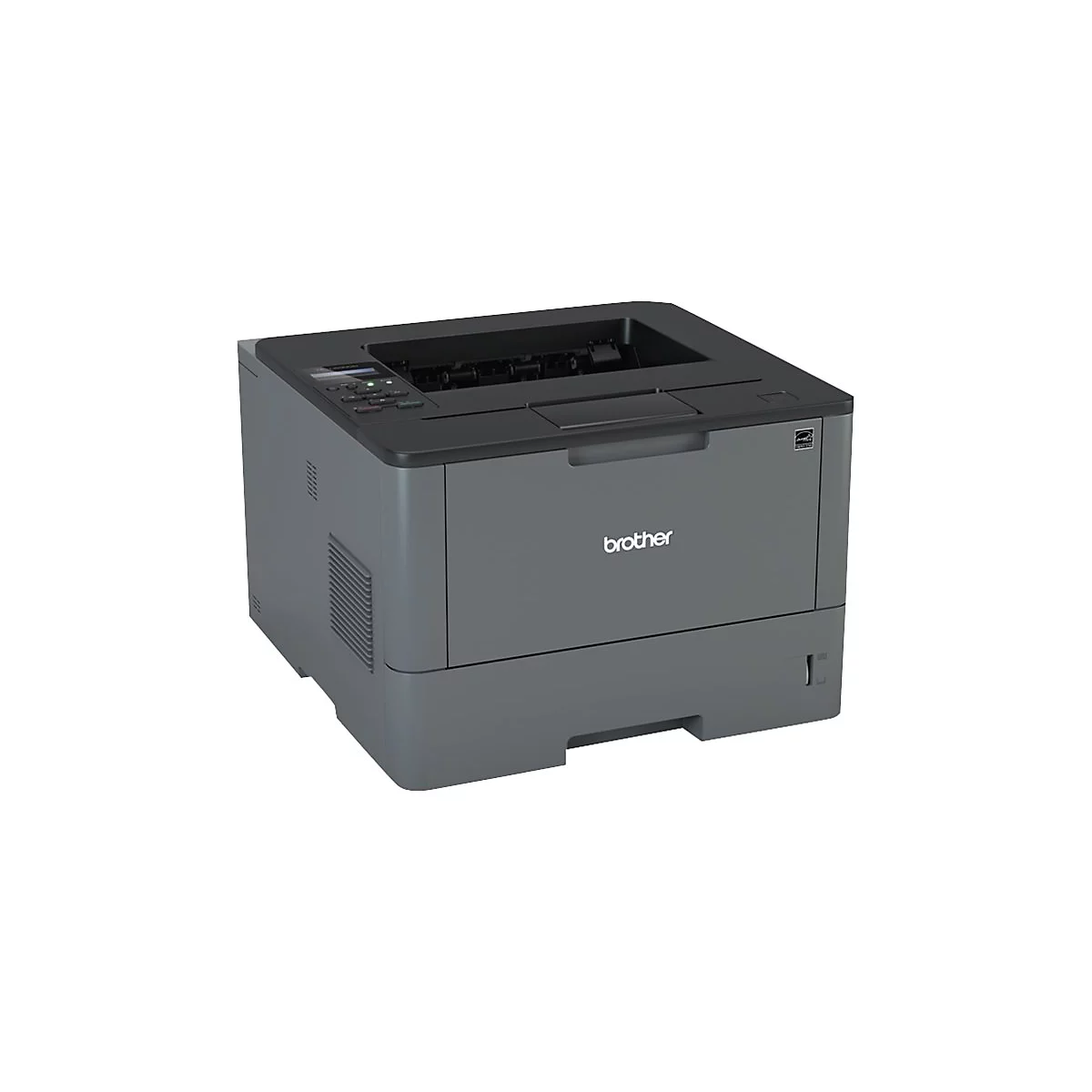 Grauer Brother Laserdrucker, von vorne gesehen. Auf der Oberseite befindet sich ein Bedienfeld mit Tasten. Das Brother-Logo ist deutlich sichtbar.