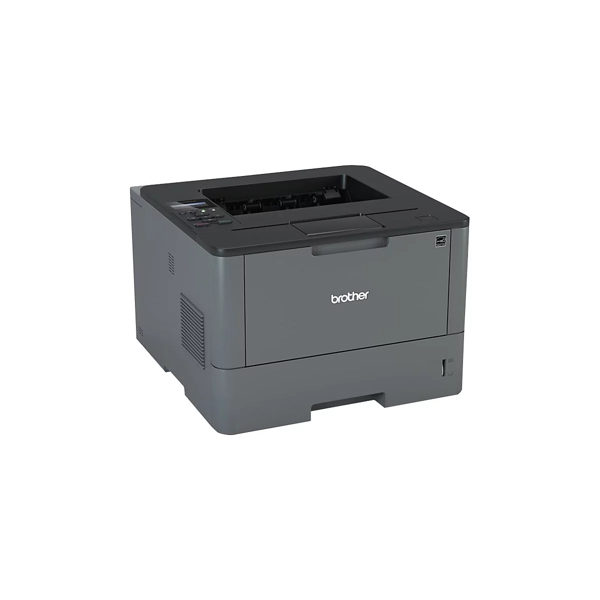 Imprimante laser Brother gris foncé avec panneau de commande, en format portrait.