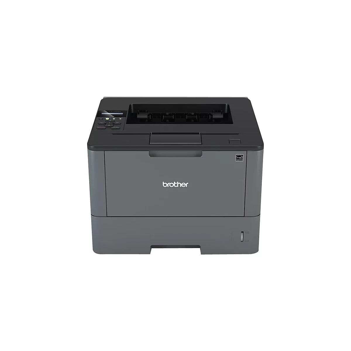 Ein grauer Brother-Laserdrucker vor weißem Hintergrund. Das Brother-Logo ist deutlich sichtbar.