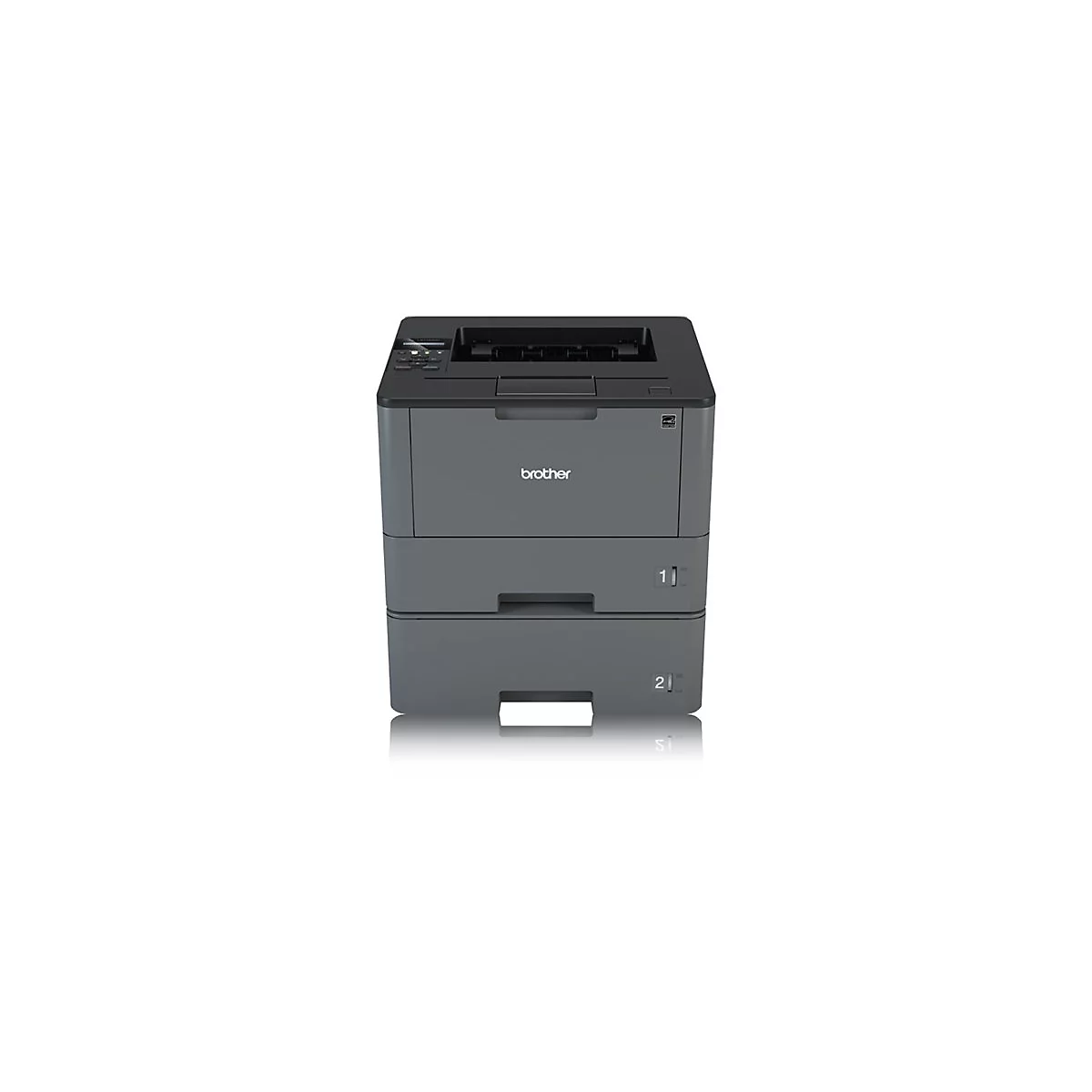 Ein grauer Brother-Laserdrucker vor weißem Hintergrund. Zwei Papierfächer, Bedienelemente und Markenlogo sichtbar.
