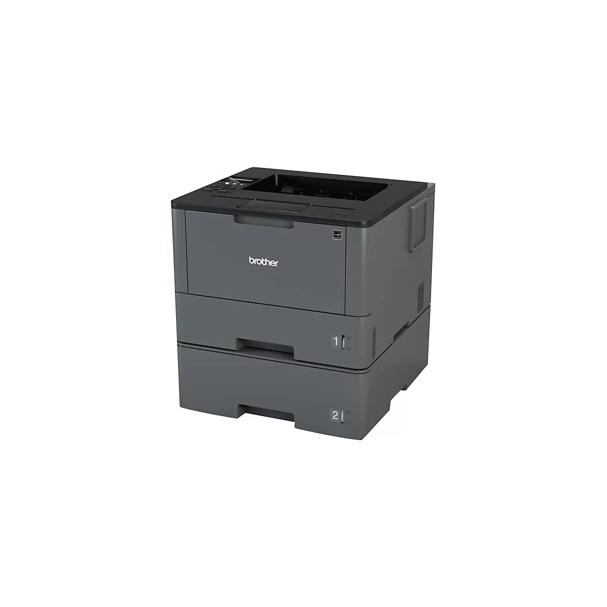 Ein grauer Brother-Laserdrucker mit zwei Papierschubladen. Aufschrift 'brother'. Die Schubladen sind mit '1' und '2' markiert.