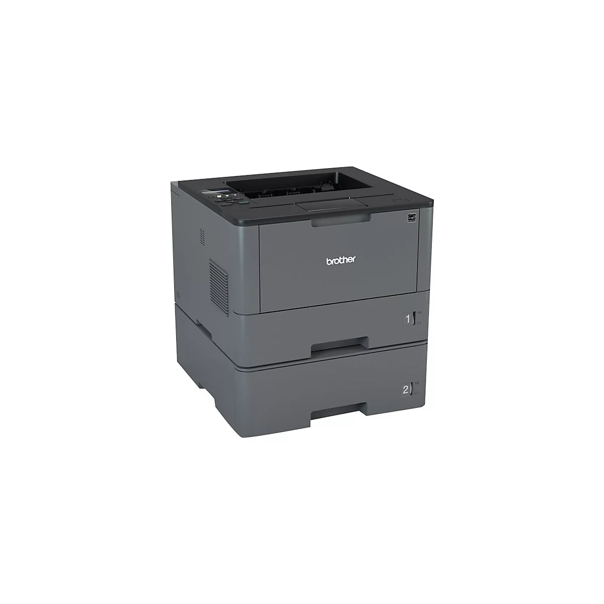 Dunkelgrauer Laserdrucker der Marke Brother, zwei Papierfächer.