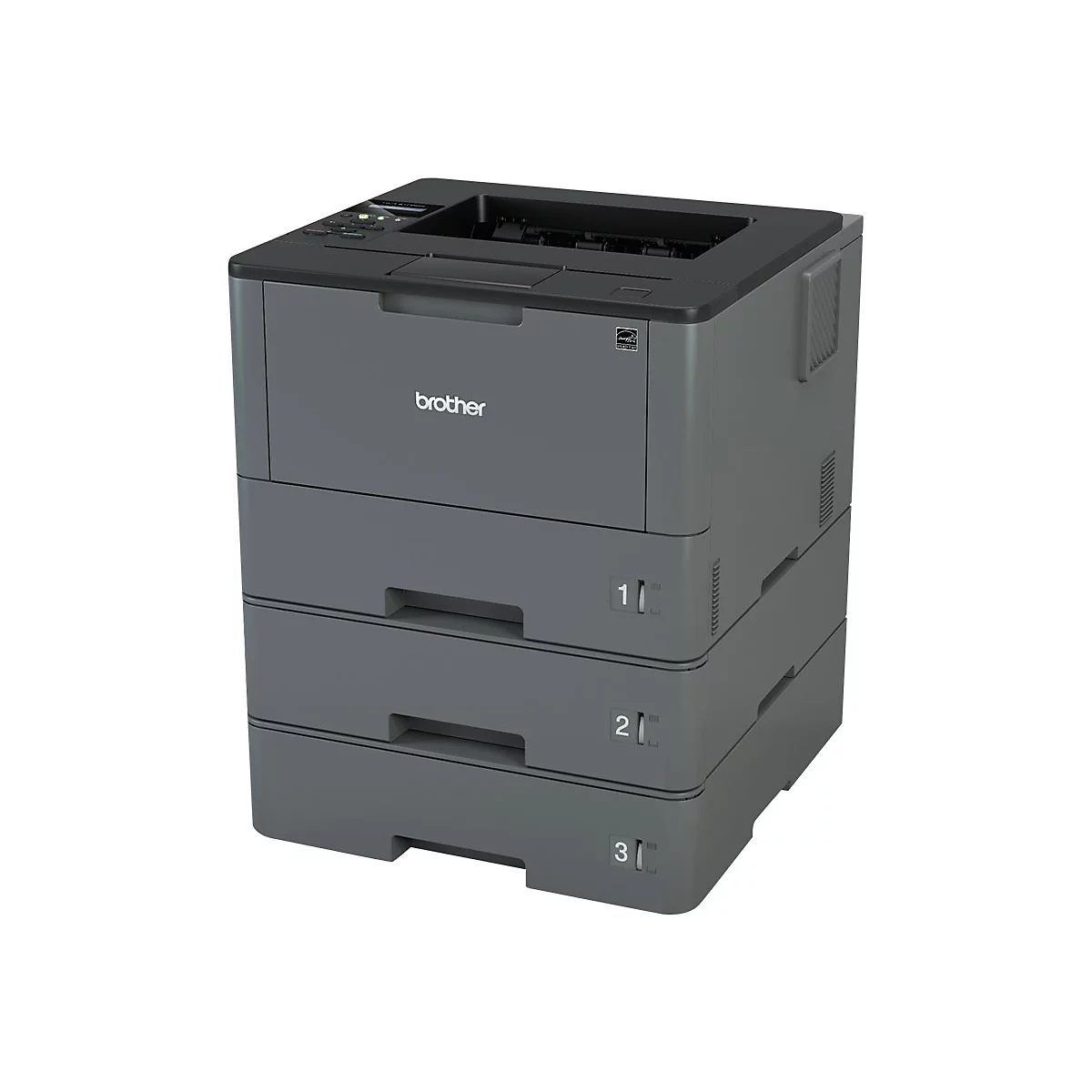 Grauer Laserdrucker von Brother mit drei Papierschubladen, Logo, und Bedienfeld.