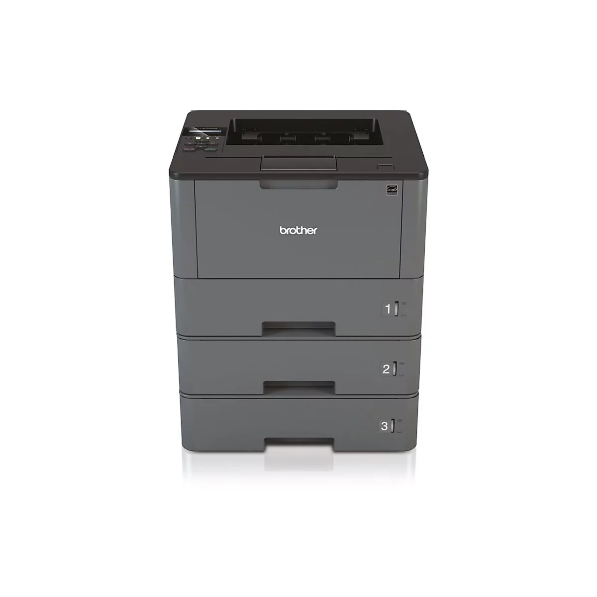 Grauer Brother-Laserdrucker mit drei Papierschubladen, '1', '2' und '3' beschriftet.