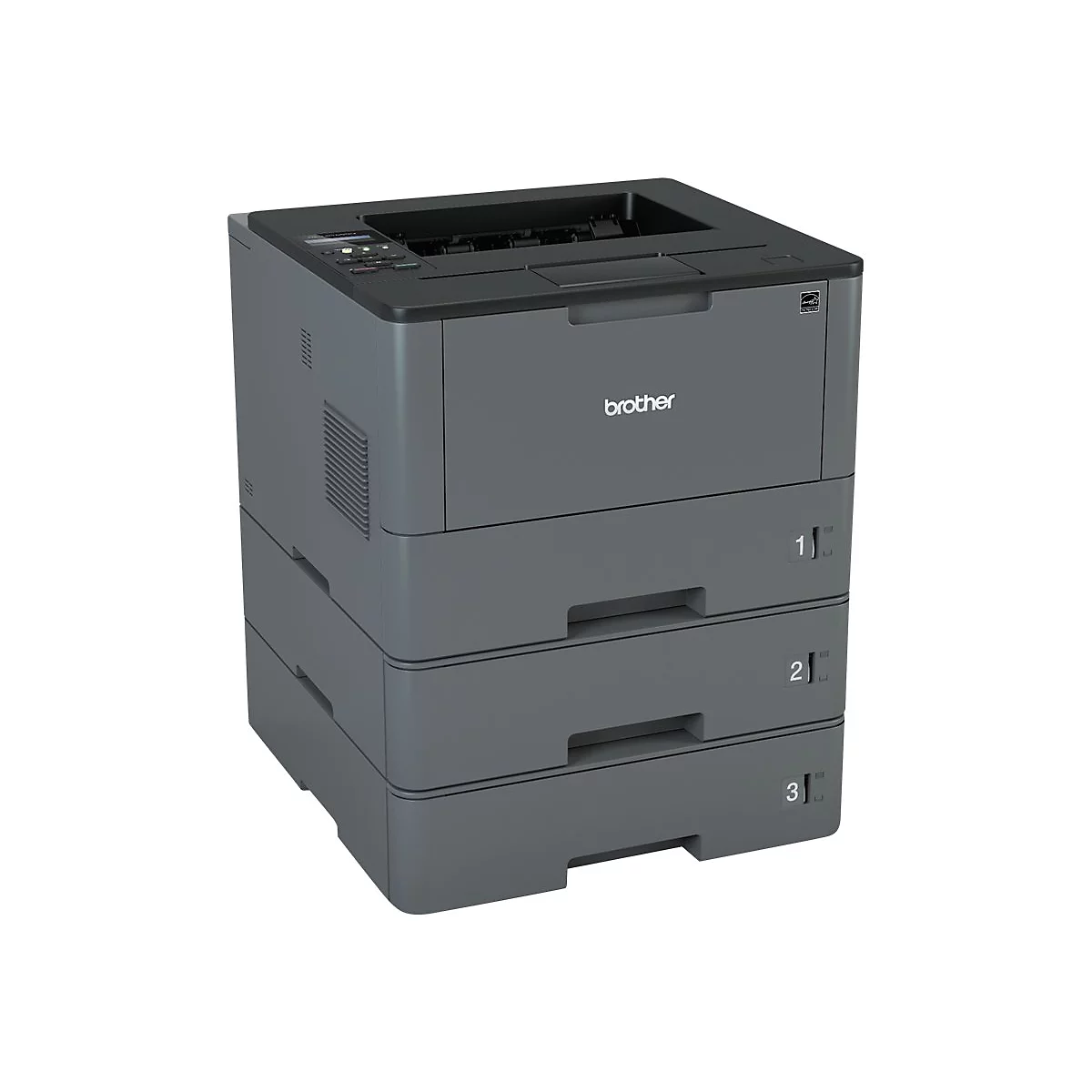 Grauer Drucker mit Schubladen. Der Drucker hat das Brother-Logo und drei Papierschubladen.