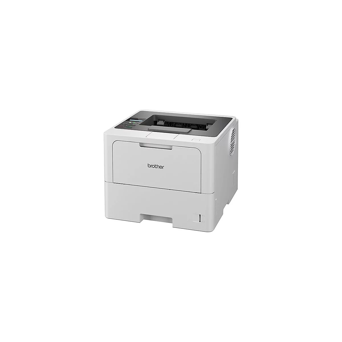 Kompakter weiß-grauer Brother Laserdrucker auf weißem Hintergrund.