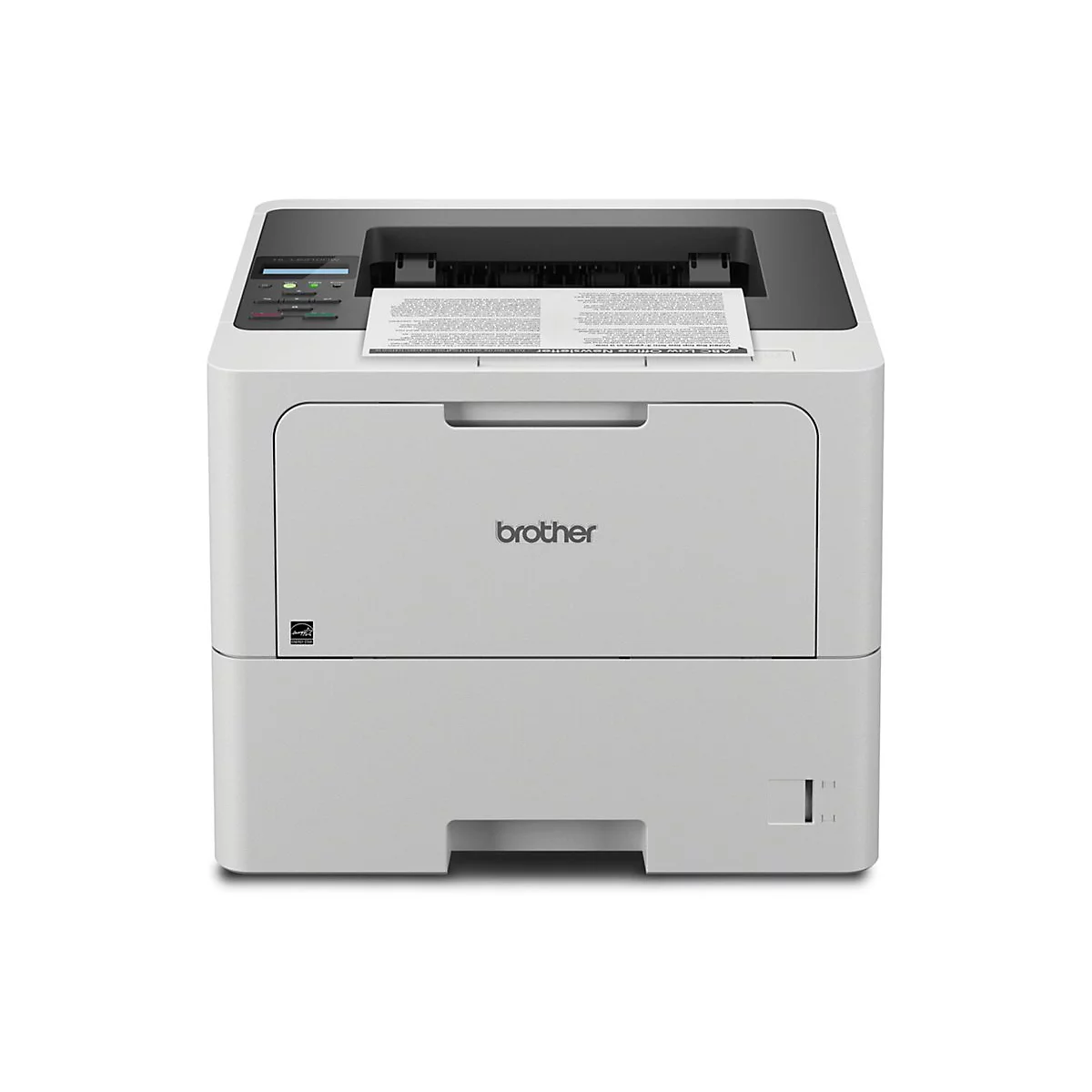 Kompakter weißer Brother Laserdrucker in Vorderansicht mit einem gedruckten Blatt Papier im Ausgabefach.