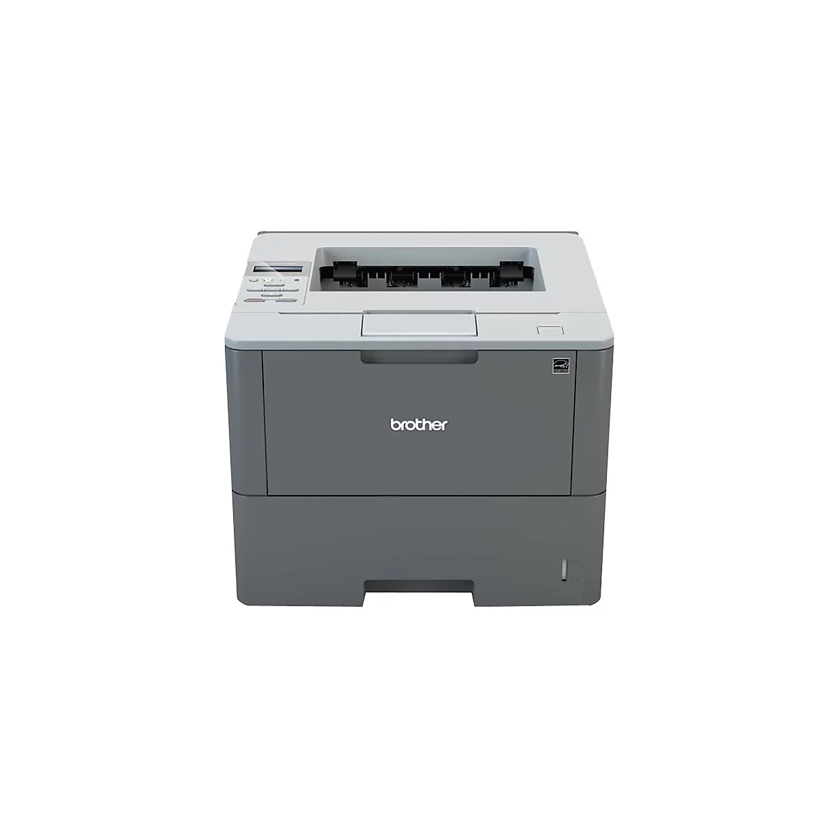 Ein grauer Laserdrucker der Marke Brother. Das Bedienfeld ist oben links, das Logo mittig.
