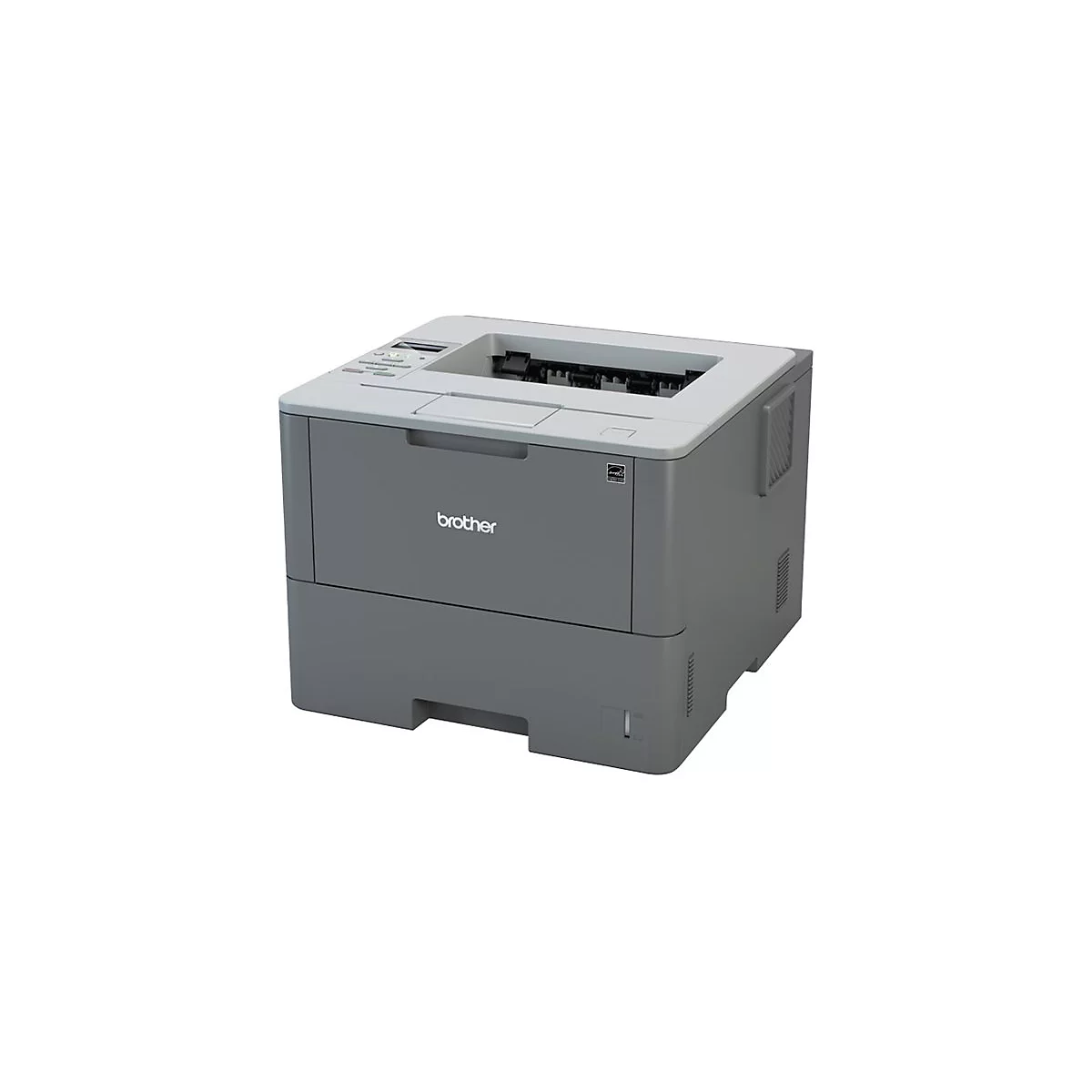 Grauer Brother-Laserdrucker auf weißem Hintergrund. Auf der Vorderseite steht "brother".