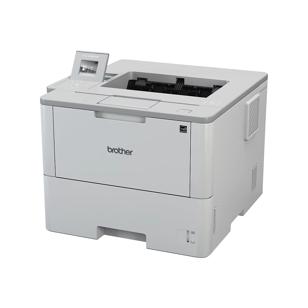 Grauer Laserdrucker mit Display und Logo 'Brother'. Aufschrift 'HL-L6400DW'.