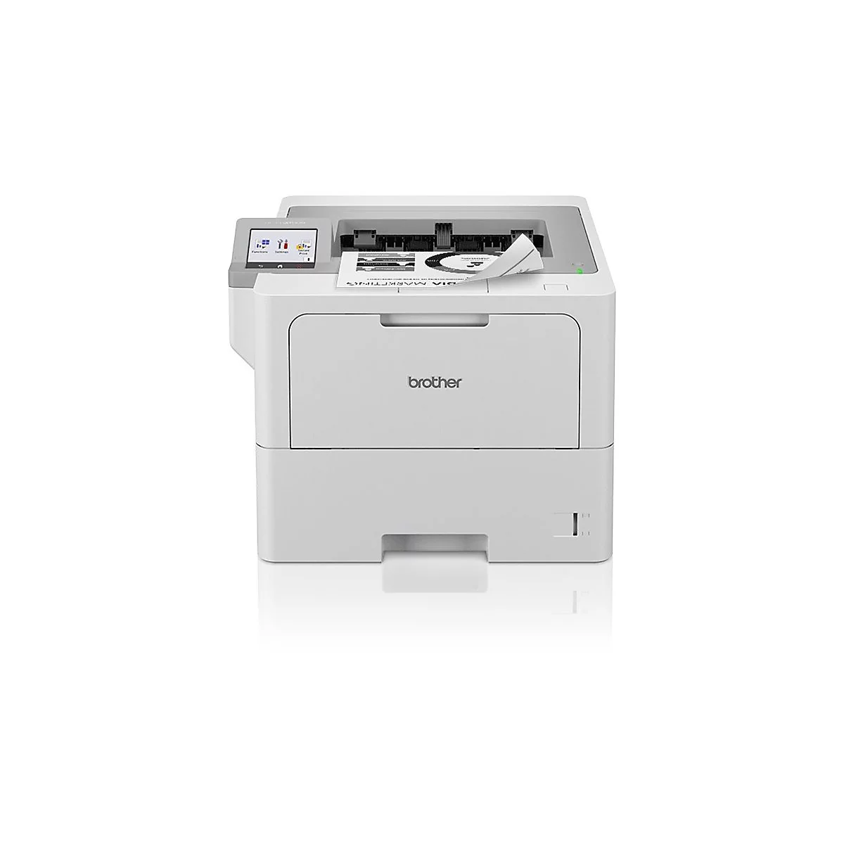 Weißer Drucker mit Papierausdruck. Auf dem Display werden Funktionen angezeigt. Auf dem Papier steht "VIA MARKETING".