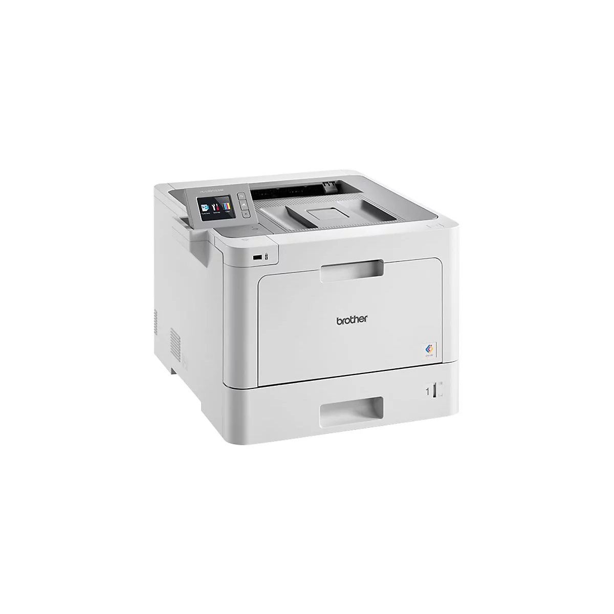 Weißer Laserdrucker von Brother. Auf der Vorderseite das Logo und ein Bedienfeld mit Bildschirm.