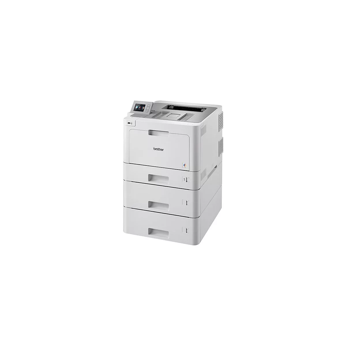 Weißer Brother-Farblaserdrucker mit drei Papierfächern. Bedienfeld und Brother-Logo sichtbar.