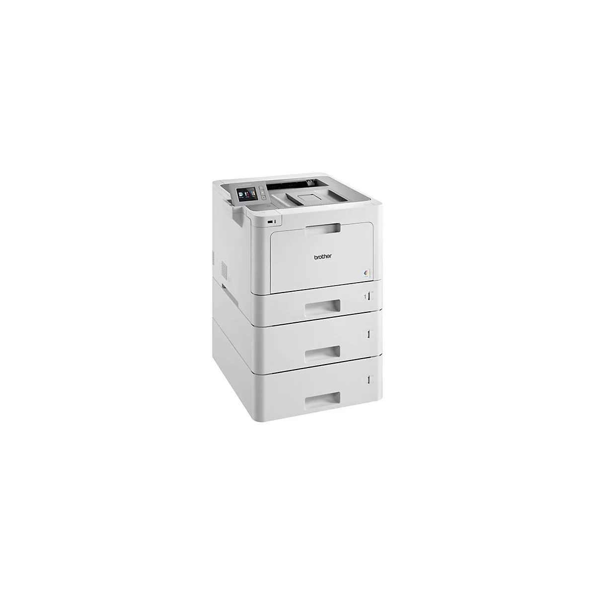 Weißer Drucker der Marke Brother. Der Drucker hat mehrere Papierfächer und ein Bedienfeld.
