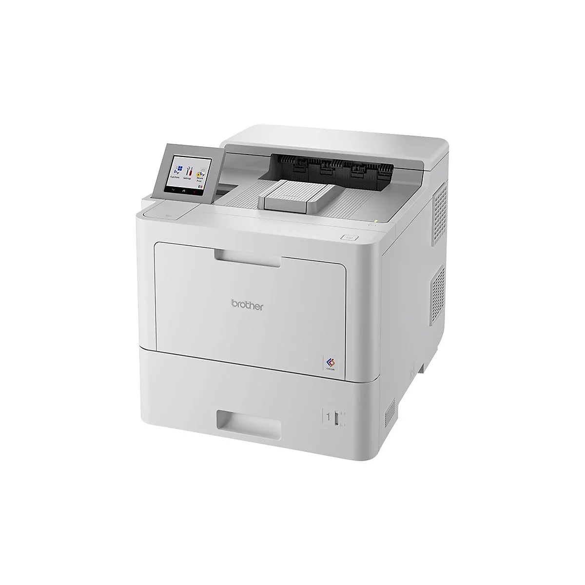 Weißer Brother-Drucker vor weißem Hintergrund. Mit Display, Papierausgabefach und Logo.