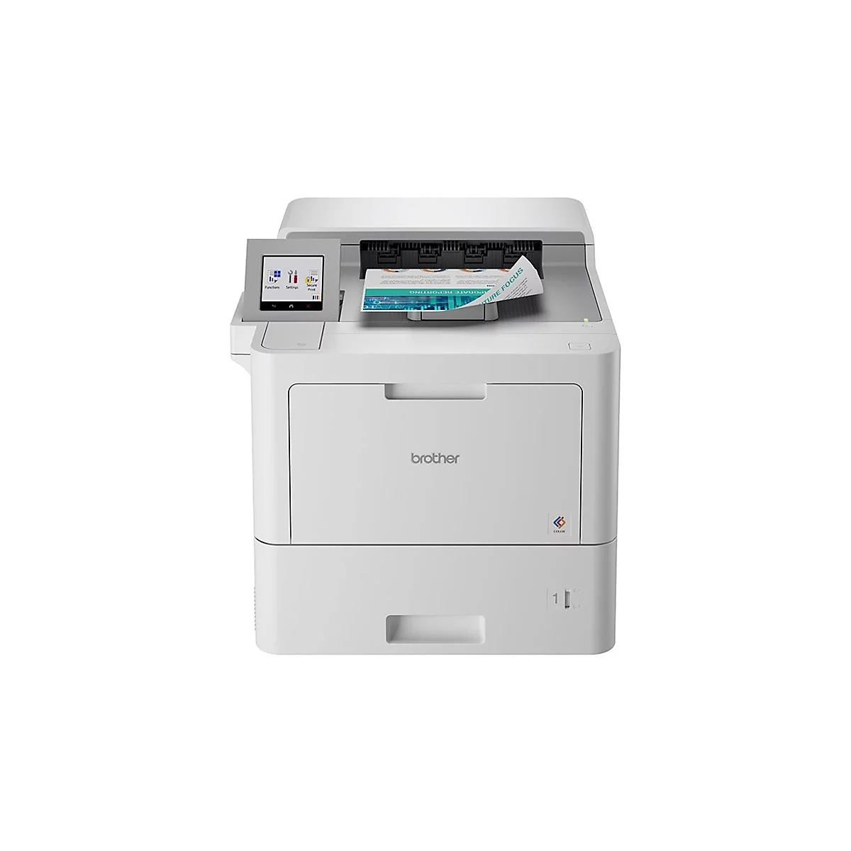 Ein weißer Brother-Farblaserdrucker mit einem gedruckten Blatt Papier. Auf dem Touchscreen wird das Funktionsmenü angezeigt.