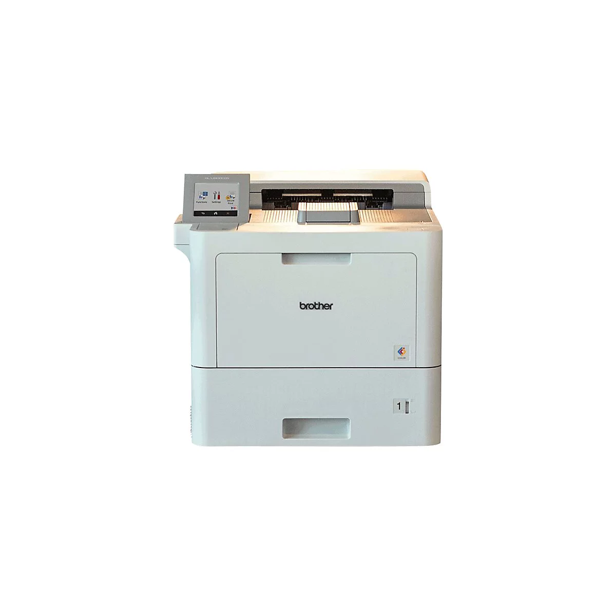 Weißer Brother-Farblaserdrucker mit Bedienfeld, offener Papierausgabe und Farblogo.