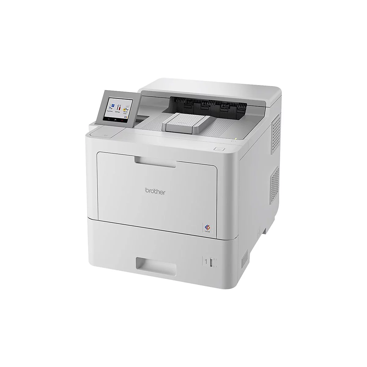 Weißer Brother-Farblaserdrucker mit Bedienfeld, offener Klappe und Markenzeichen. 