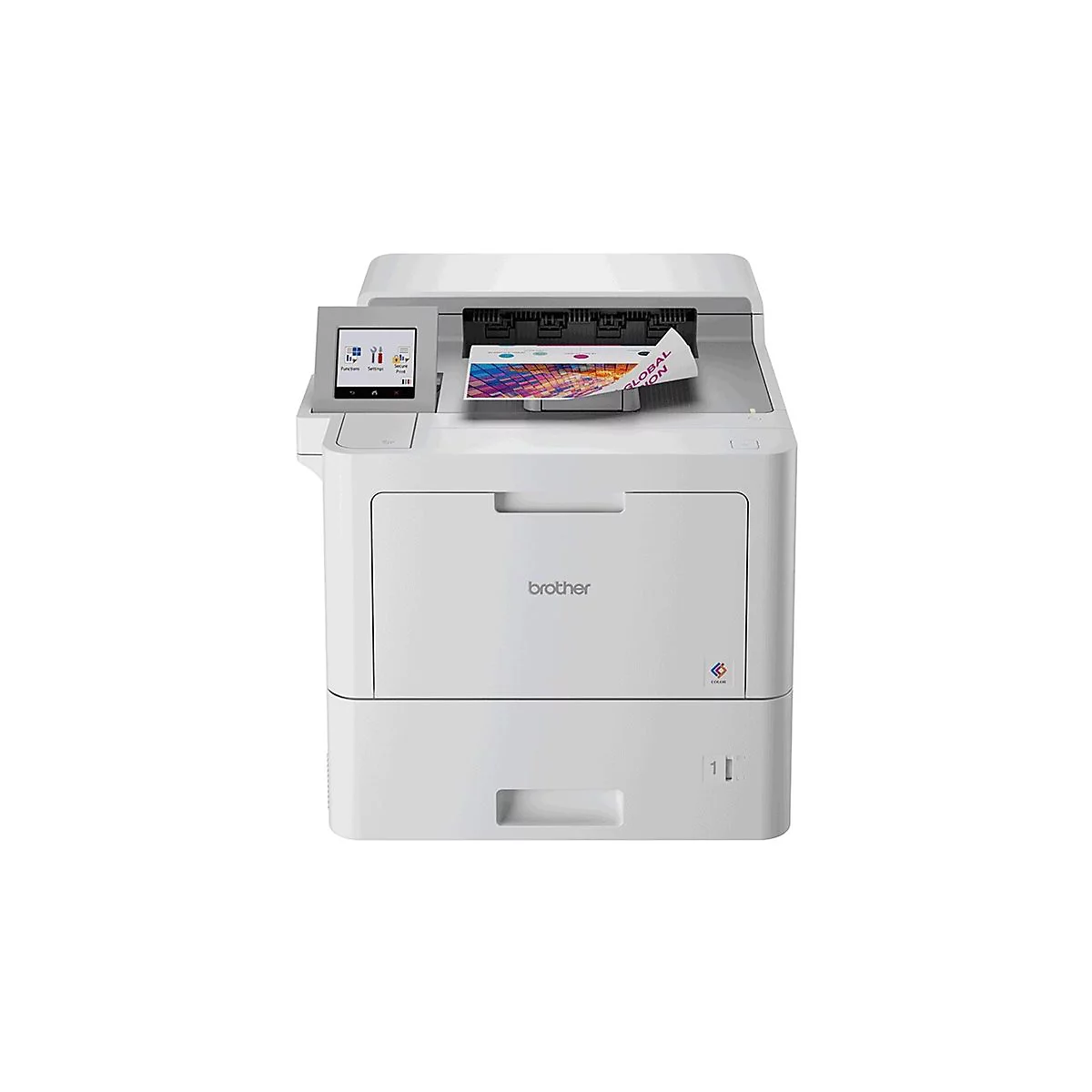 Weißer Brother-Farblaserdrucker mit farbigem Display, bedrucktem Papier und Logo.