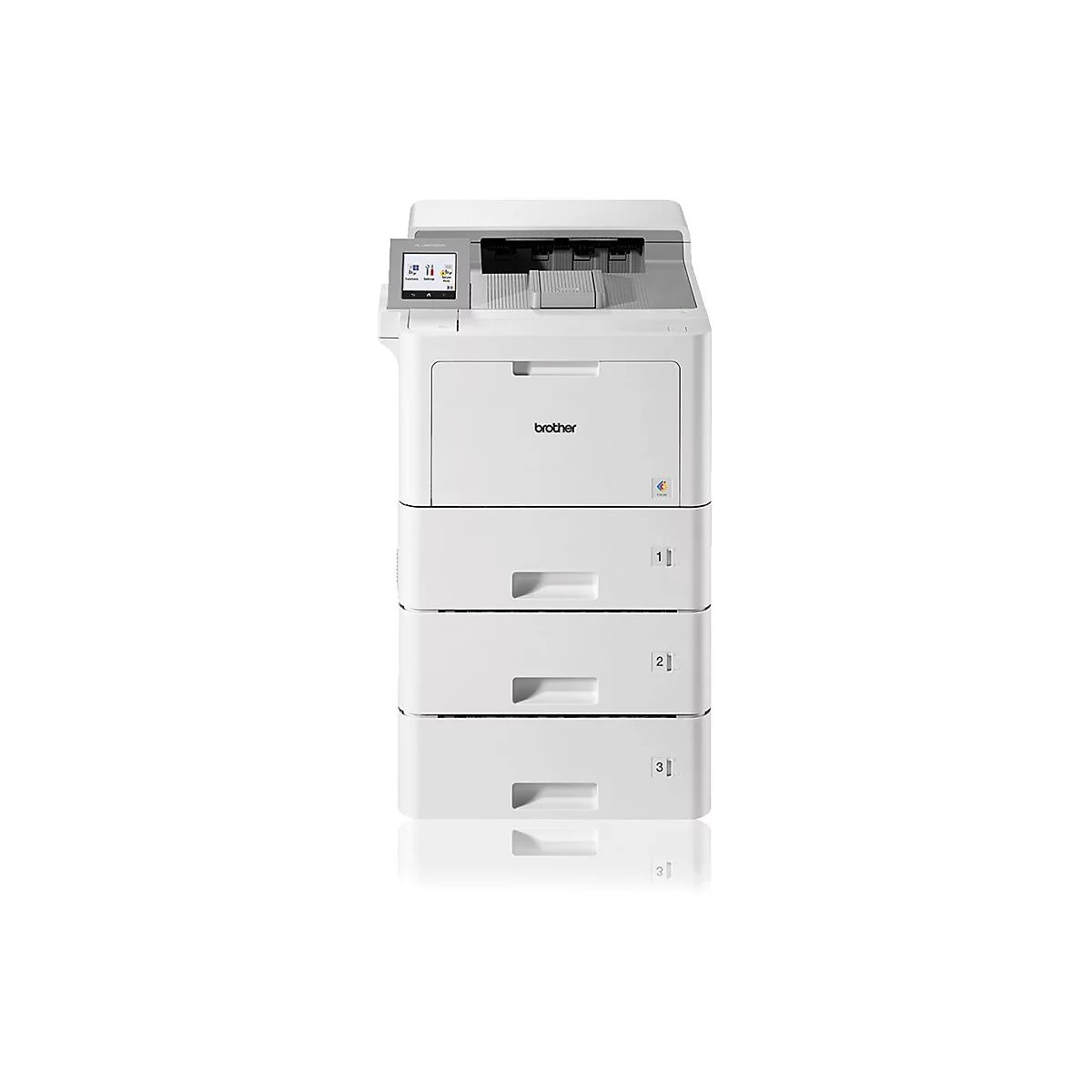 Weißer Brother-Multifunktionsdrucker mit Display, Papierschubladen und Brother-Logo.