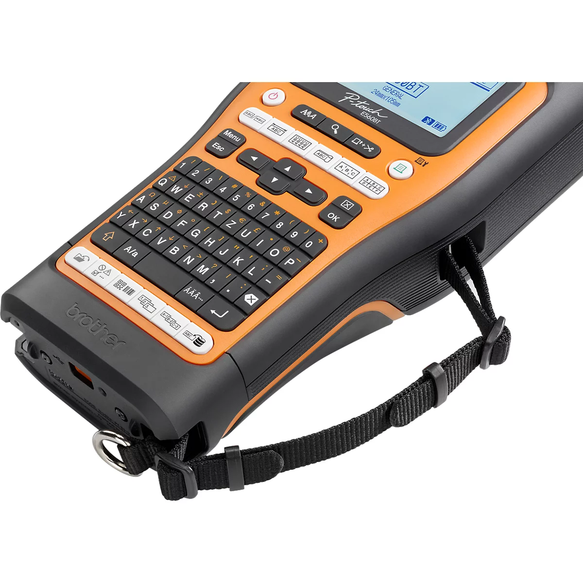 Vue rapprochée d'une étiqueteuse Brother noire et orange avec clavier AZERTY et dragonne.