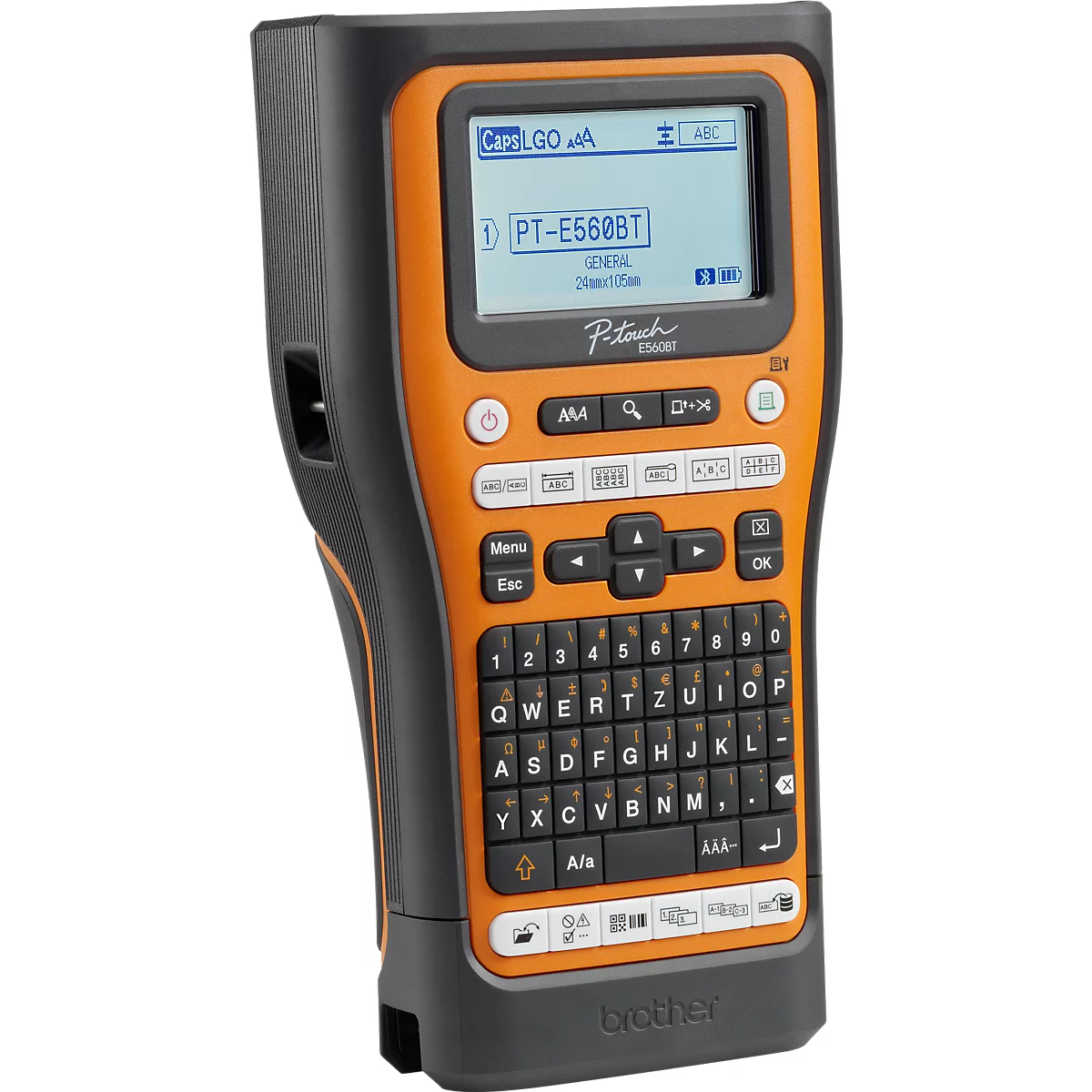 Imprimante d'étiquettes portable Brother P-touch E560BT noire et orange avec clavier AZERTY et écran.