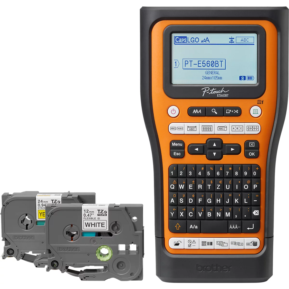 Étiqueteuse portable noire et orange avec clavier QWERTY, écran et deux cassettes de ruban associées.