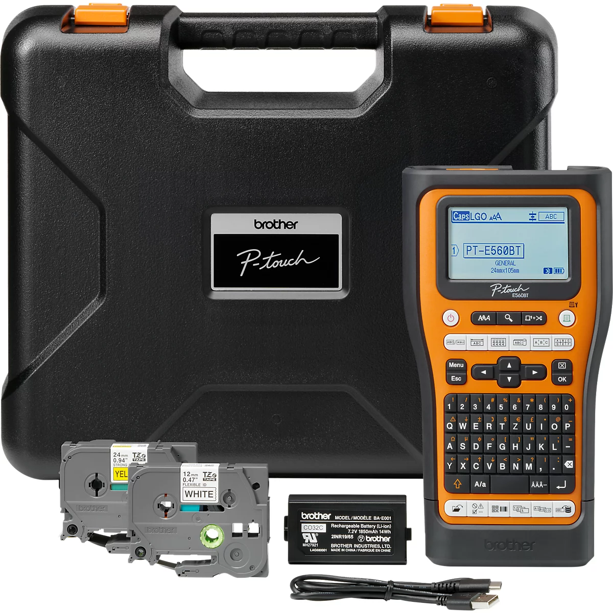Imprimante d'étiquettes Brother P-touch avec mallette de transport, deux rubans, batterie et câble USB.