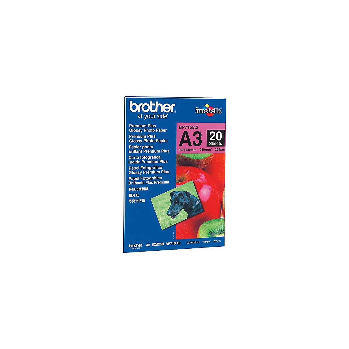 Brother A3 Premium Plus Hochglanz-Fotopapier, 20 Blatt, mit Produktbeschriftungen und Früchte-Design.