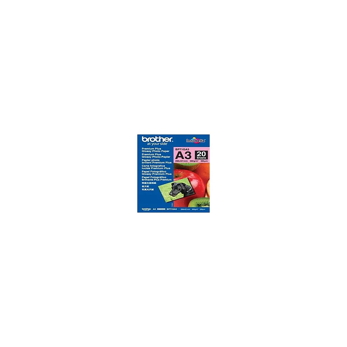 Produktverpackung von Brother A3 Hochglanz-Fotopapier mit 20 Blatt und farbenfrohem Früchte- und Hundemotiv.