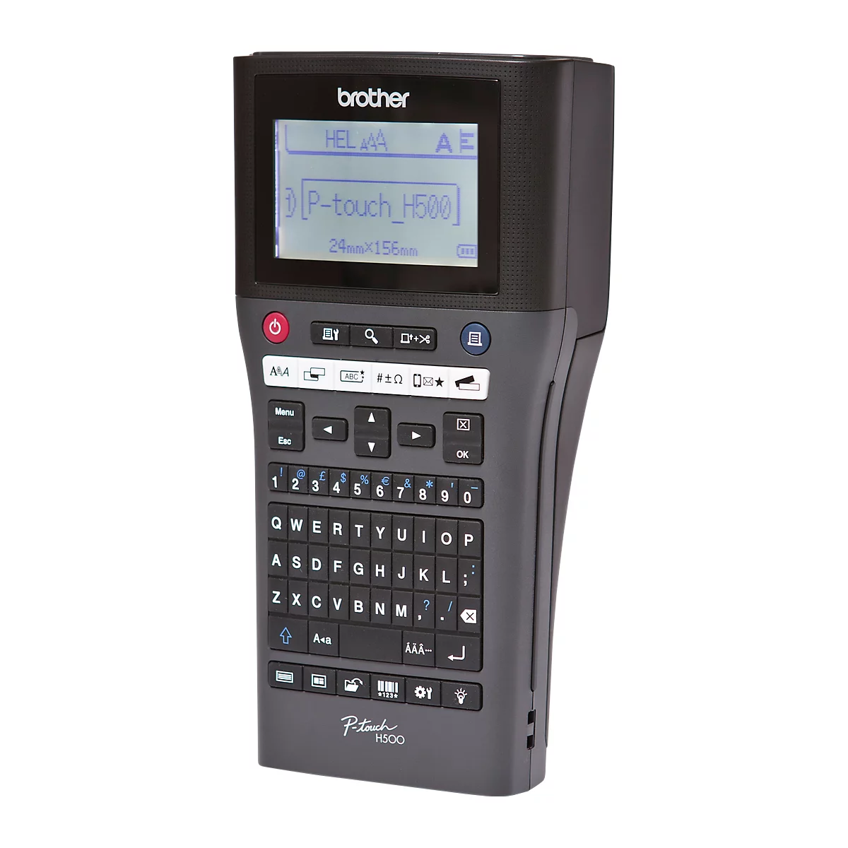 Grey Brother P-touch H500 label maker with display and keyboard. Text is shown on the display.