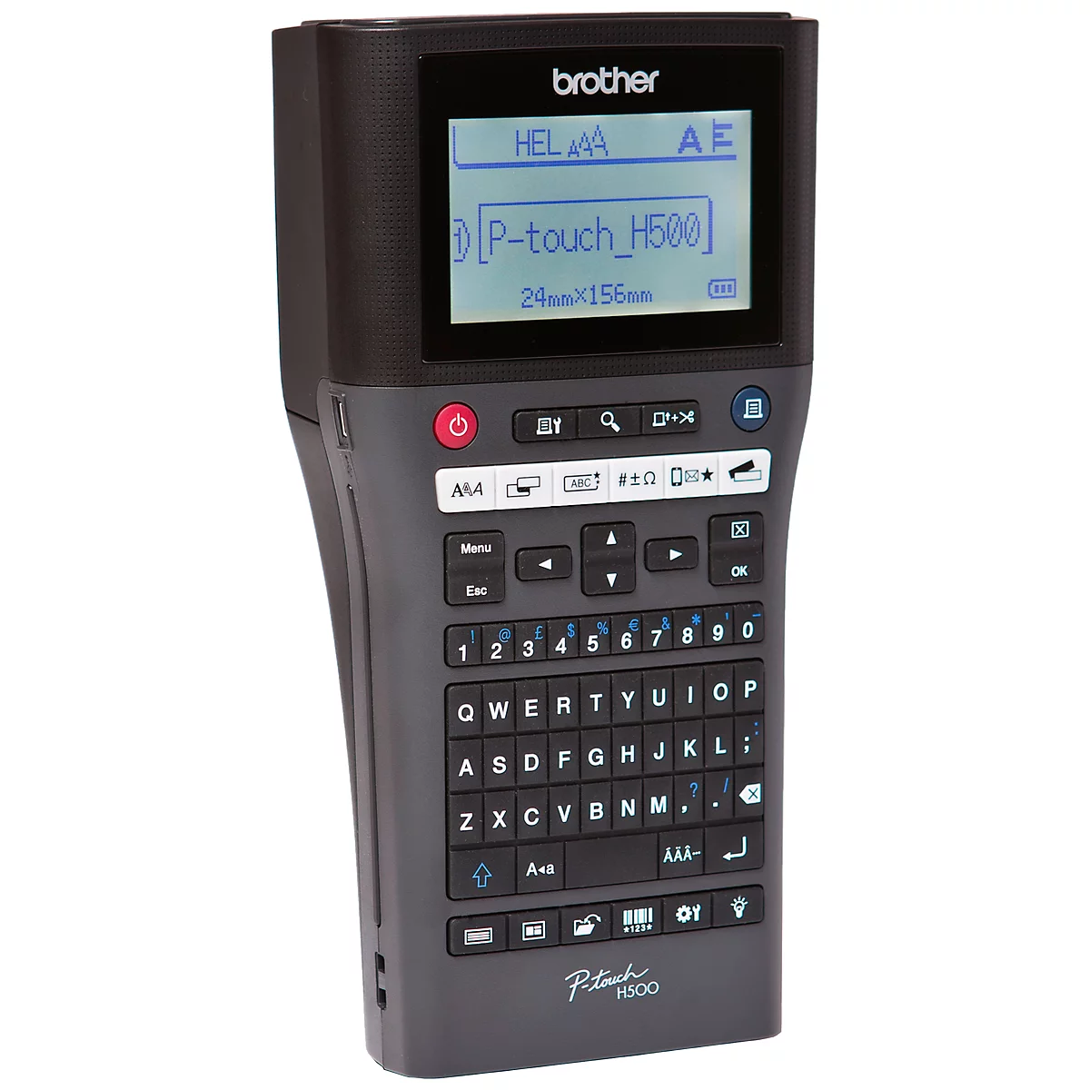 Gray labeling device with display and keyboard, brand Brother, text on display: HEL, P-touch H500, details and buttons.