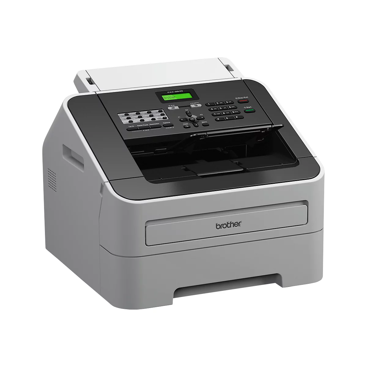 Ein grauer Brother-Faxdrucker mit schwarzer Oberseite, Bedienfeld und grüner Anzeige.