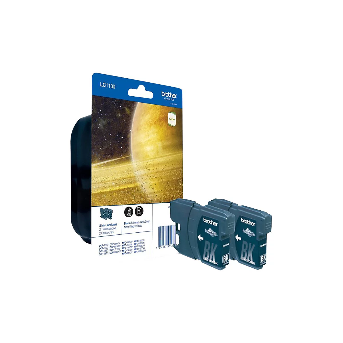 Tintenpatronen-Packung und zwei einzelne Patronen mit „BK“-Schriftzug. Aufschrift: „Brother“ und „LC1100“.