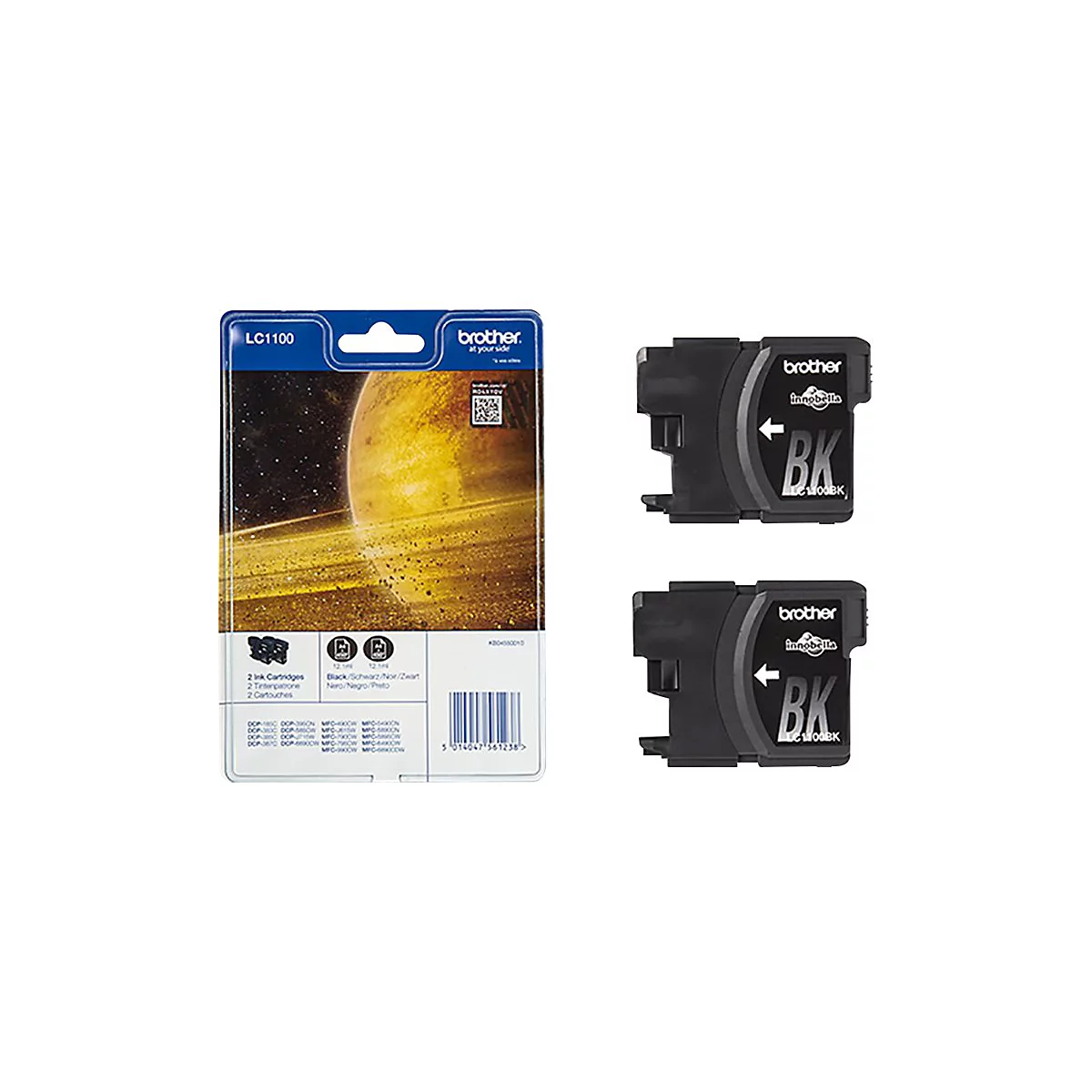 Produktabbildung einer Brother Tintenpatronen-Packung und zwei schwarzen Tintenpatronen mit Logo und Produktbezeichnungen.