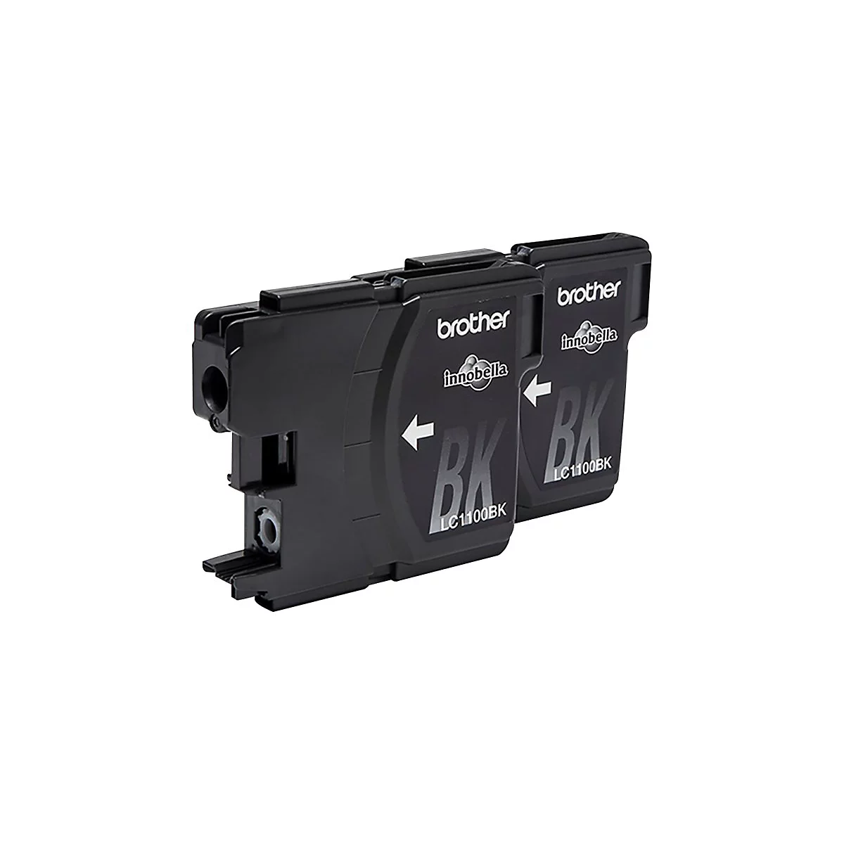 Zwei schwarze Tintenpatronen mit der Aufschrift "Brother innobella BK LC1100BK" und einem Pfeil.