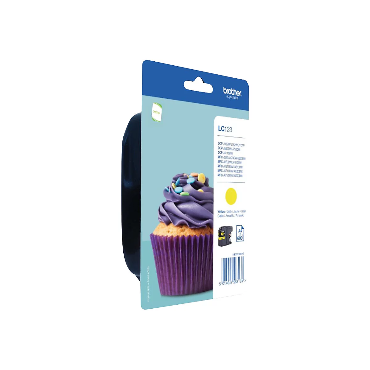 Gelbe Brother Tintenpatrone mit Cupcake-Dekoration.