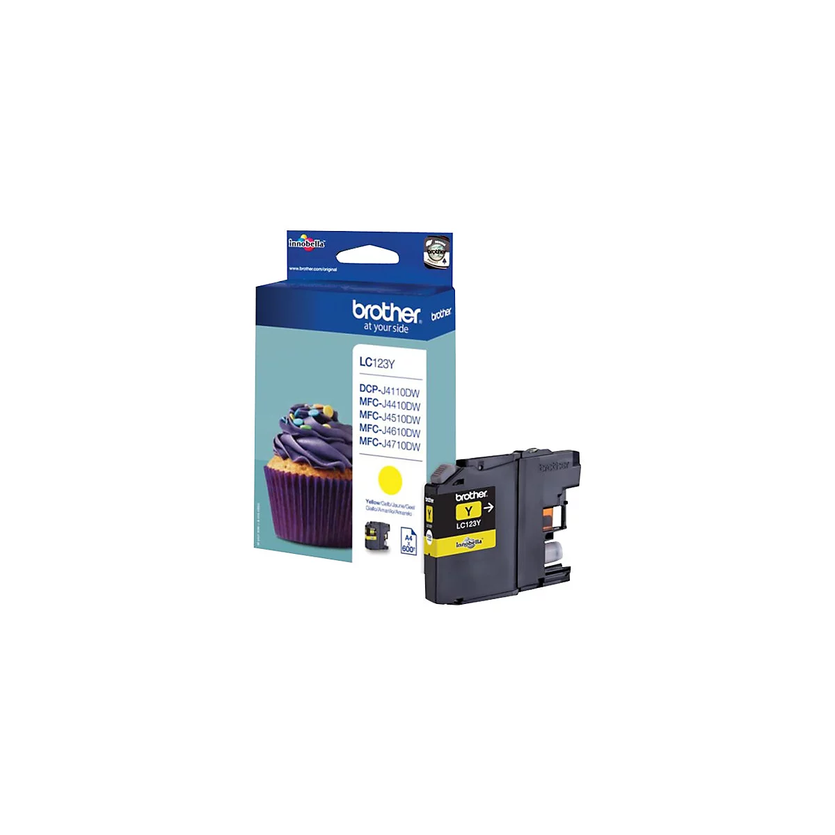 Gelbe Brother Tintenpatrone neben der Verpackung mit dem LC123Y Aufdruck.
