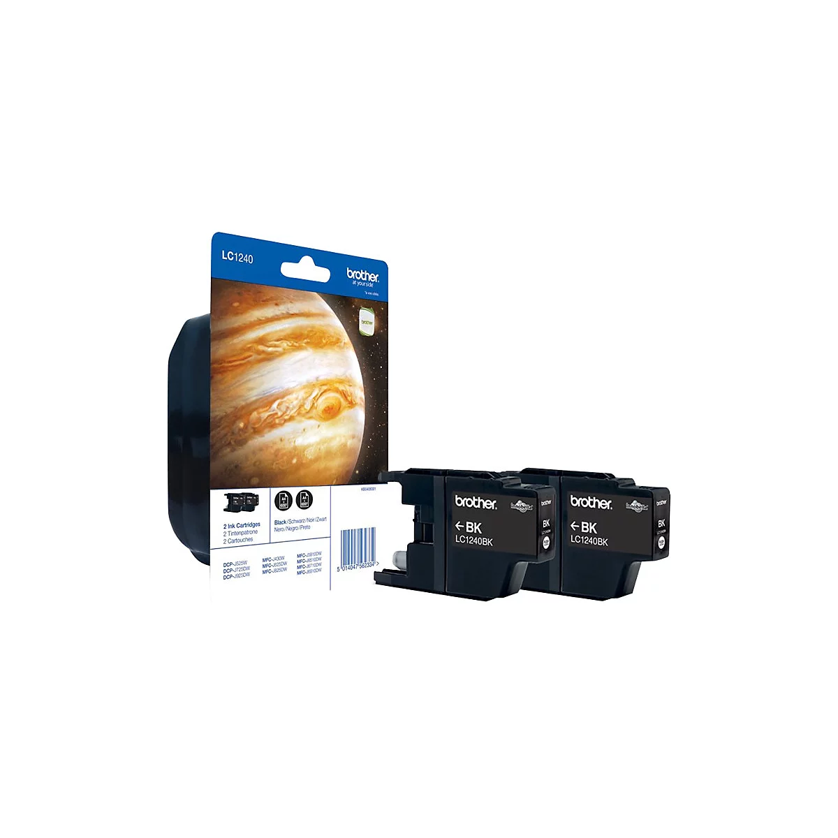 Zwei schwarze Tintenpatronen mit der Aufschrift LC1240BK und einem blauen Karton mit einem Bild des Jupiters.
