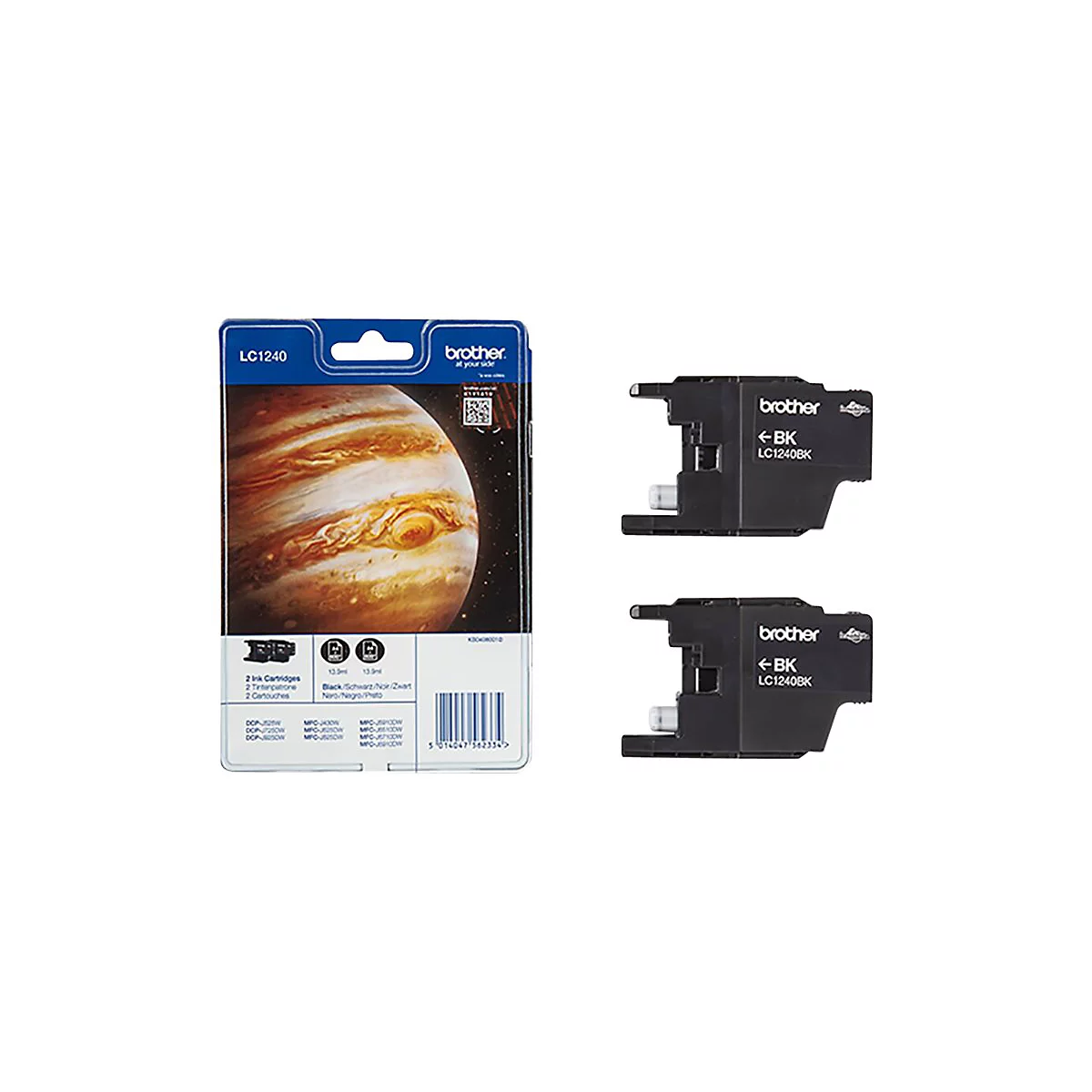 Zwei schwarze Tintenpatronen von Brother und eine Verpackung mit einem Bild des Jupiters.