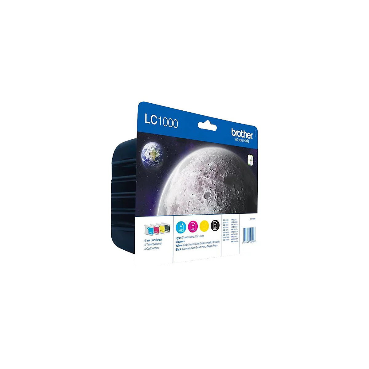 Tintenpatronen-Packung, blau-schwarz, mit Mond- und Erdbild. Vier Farben: Cyan, Magenta, Gelb und Schwarz.
