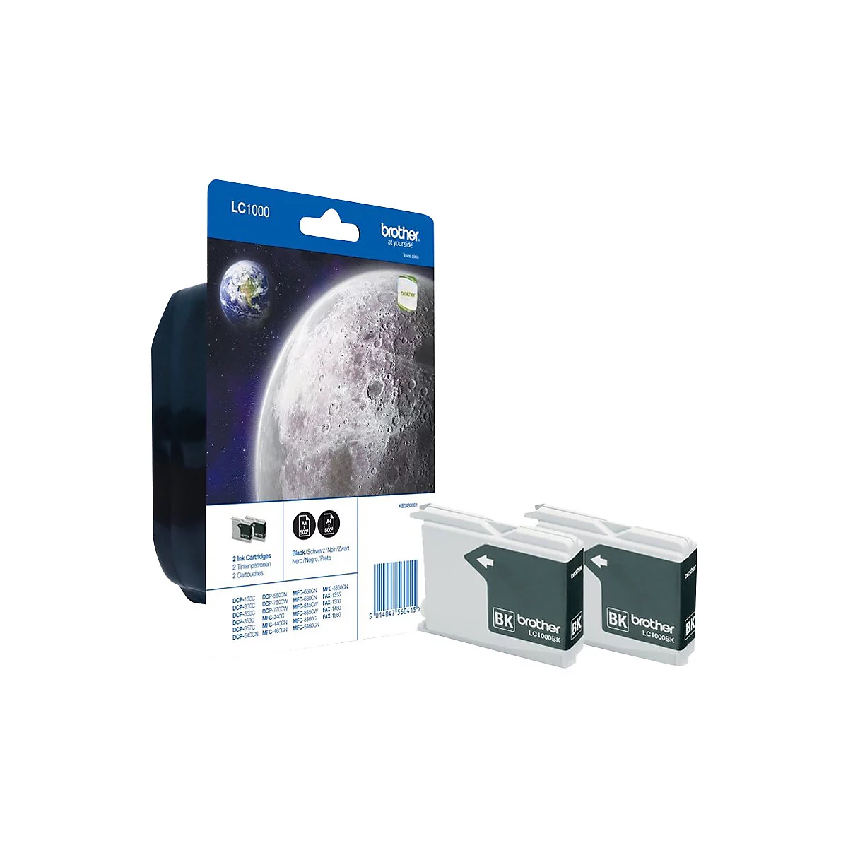 Tintenpatronen-Set von Brother mit Verpackung, Mond-Motiv, und zwei Patronen mit der Aufschrift "BK brother LC1000BK".