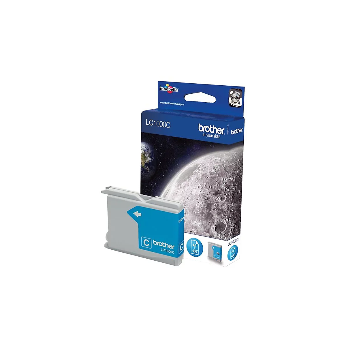 Blau-weiße Brother Druckerpatrone LC1000C, mit geöffneter Verpackung, abgebildet. Auf der Verpackung befinden sich die Schriftzüge: "innobella", "brother", "at your side" sowie "LC1000C".