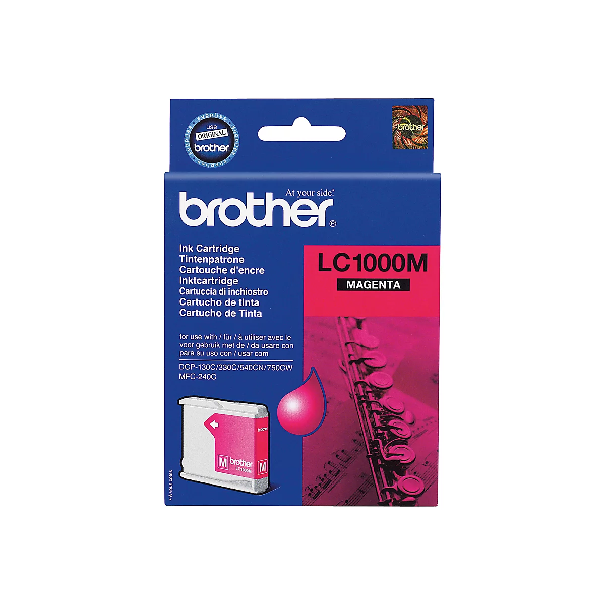 Magenta Tintenpatrone von Brother. Auf blauem Hintergrund mit Flötenmotiv. Das Produkt wird mit verschiedenen Druckermodellen aufgelistet.