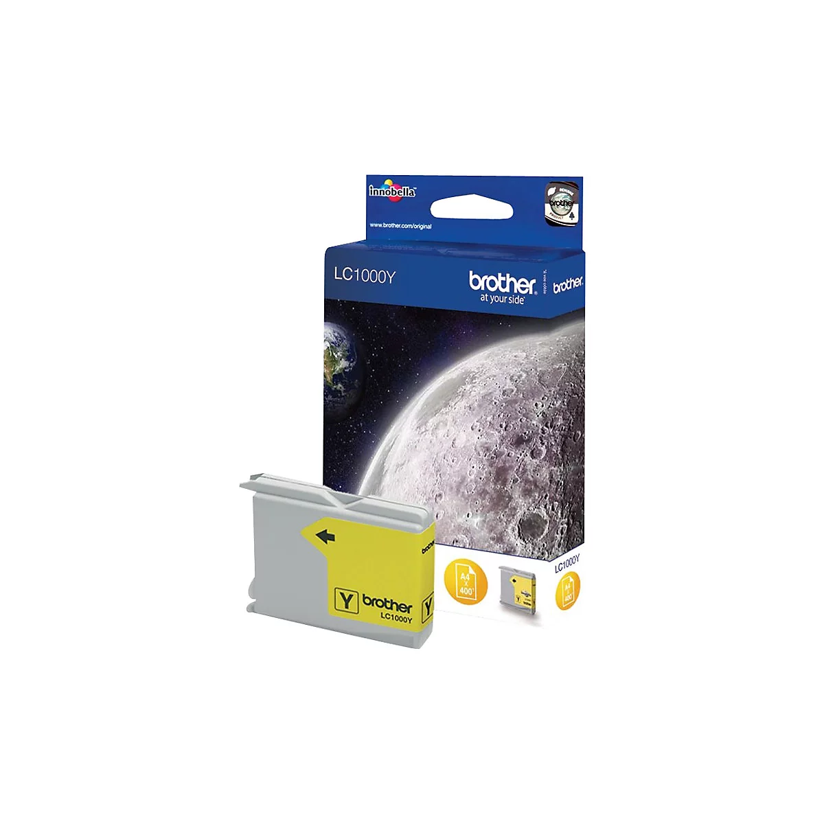 Gelbe Brother Tintenpatrone LC1000Y, gelber Aufdruck, Box mit Mond- und Erdbild.