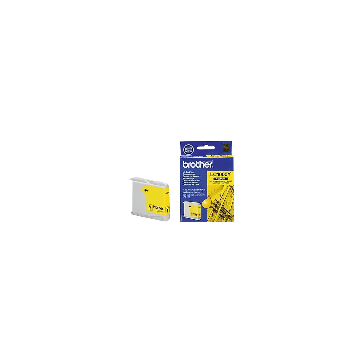Gelbe Brother Tintenpatrone LC1000Y und Verpackung.